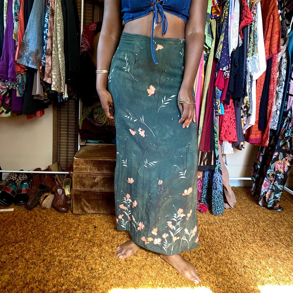 Vintage Boho Maxi Skirt 6 Green Floral Print Earthy Petite Sophisticate